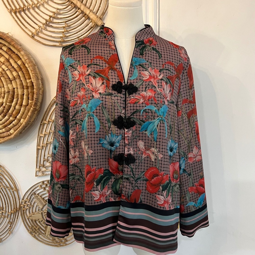 Zara Pink Floral Silky Frog Closure Mandarin Collar Kimono Jacket Large